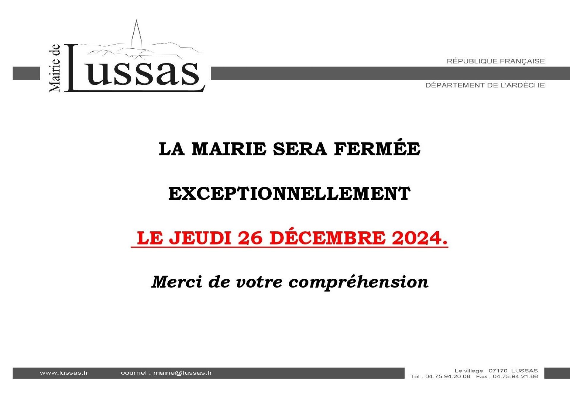 Mairie fermeture le 26 décembre 2024